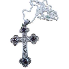 Croce Pettorale con Amatista completa di Catena - Argento 925