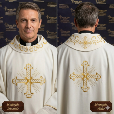 Casula Maran-atha croce/collo ricamato - col Bianco